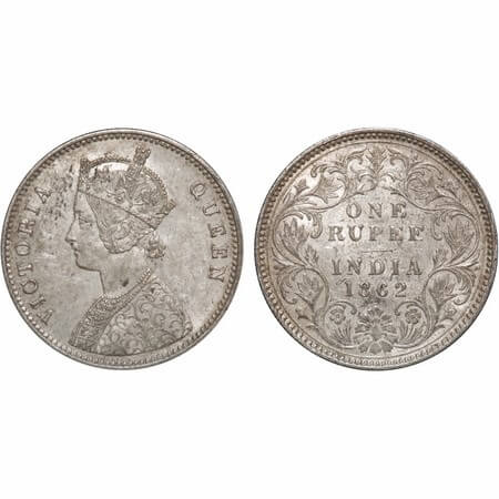 Victoria Queen, Silver, Rupee, 1862, Calcutta Mint, A/III, w/o initial 'J'. F. Prid 65. GK