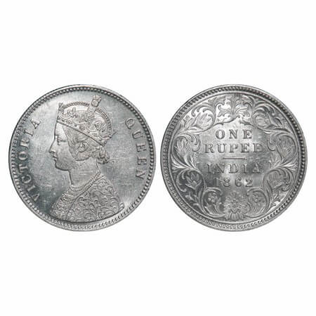 Victoria Queen, Silver, Rupee, 1862, Calcutta Mint, A/I, w/o initial 'J', Mechanical die d