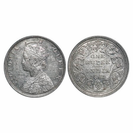 Victoria Queen, Silver, Rupee, 1862, Madras Mint, B/II, Mechanical die doubling of year da