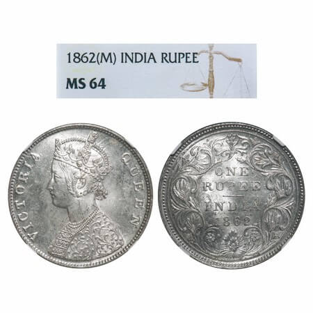 Victoria Queen, Silver, Rupee, 1862, Madras Mint, B/II. F. Prid 57. GK 267. NGC Slabbed MS