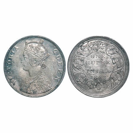 Victoria Queen, Silver, Rupee, 1862, Madras Mint, B/II. F. Prid 57. GK 267. Almost Uncircu