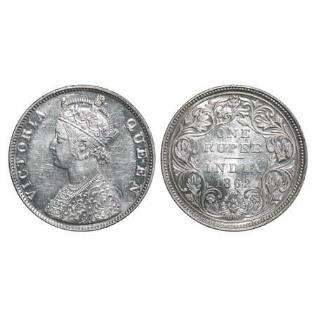 Victoria Queen, Silver, Rupee, 1862, Madras Mint, B/II. F. Prid 57. GK 267. Mint State wit