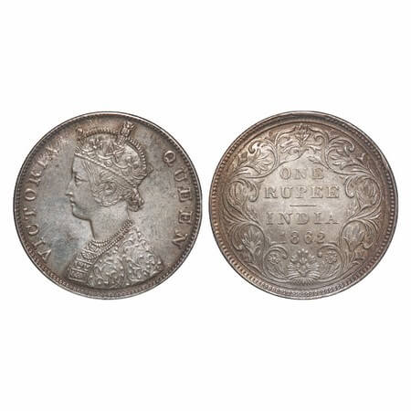 Victoria Queen, Silver, Rupee, 1862, Madras Mint, B/II, Die crack on Obv. F. Prid 57. GK 2