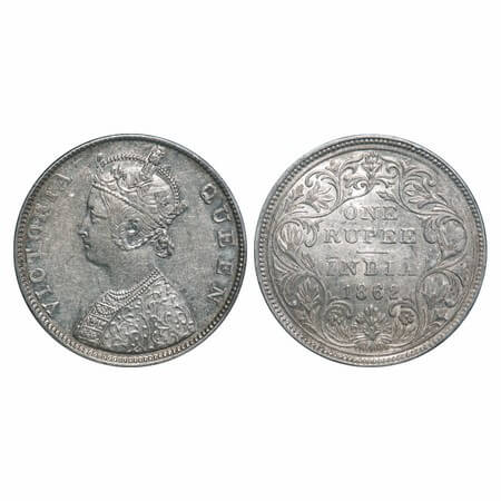 Victoria Queen, Silver, Rupee, 1862, Madras Mint, B/II. F. Prid 57. GK 267. About Uncircul