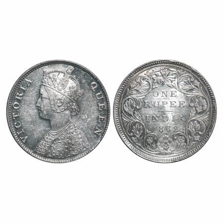 Victoria Queen, Silver, Rupee, 1862, Madras Mint, B/II. F. Prid 57. GK 268. Uncirculated. 