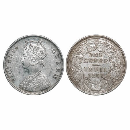 Victoria Queen, Silver, Rupee, 1862, Bombay Mint, B/II(viii), Thick and bold flower above 
