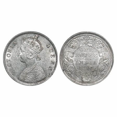 Victoria Queen, Silver, Rupee, 1862, Bombay Mint, B/II(viii), Thick and bold flower above 