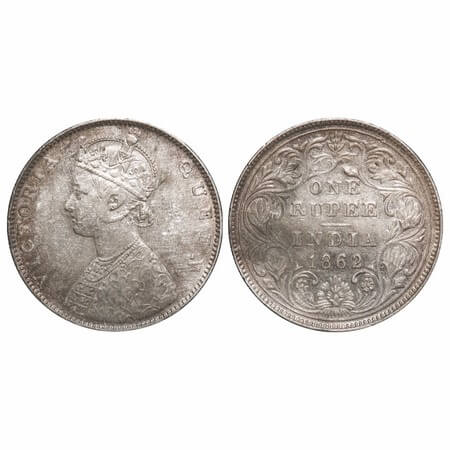 Victoria Queen, Silver, Rupee, 1862, Bombay Mint, D/II, 5 panels on the Queens rob on Obv,