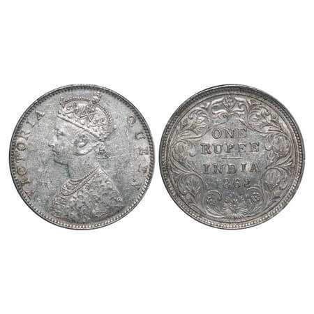 Victoria Queen, Silver, Rupee, 1862, Bombay Mint, D/II, 5 panels on the Queens rob on Obv,