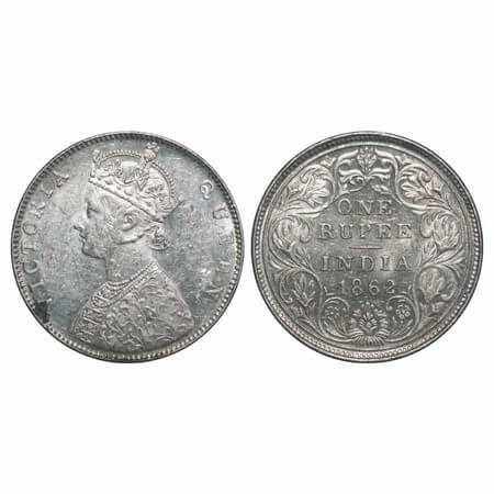 Victoria Queen, Silver, Rupee, 1862, Bombay Mint, D/II, 5 panels on the Queens rob on Obv,