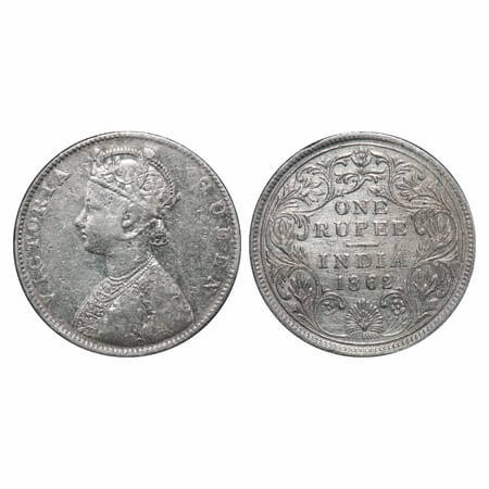 Victoria Queen, Silver, Rupee, 1862, Bombay Mint, D/II(i), Pineapple like buds at four dif