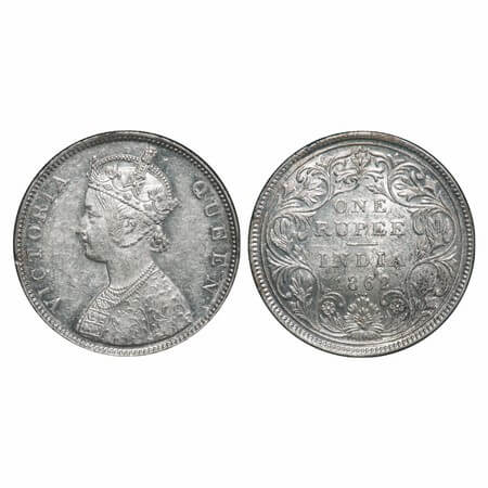 Victoria Queen, Silver, Rupee, 1862, Bombay Mint, A/I/0/4, w/o initial 'J', The 3rd dot is