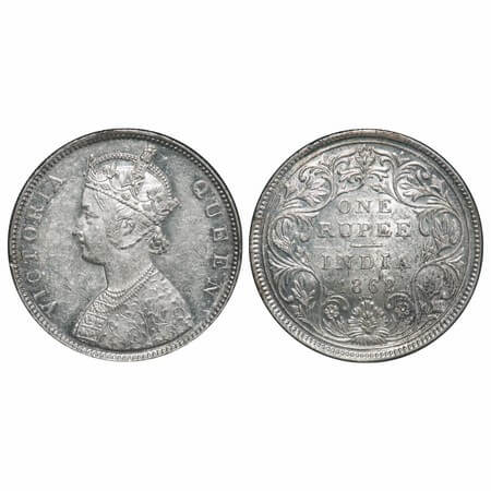 Victoria Queen, Silver, Rupee, 1862, Bombay Mint, B/II/0/4. F. Prid 81. GK 310. Almost Unc
