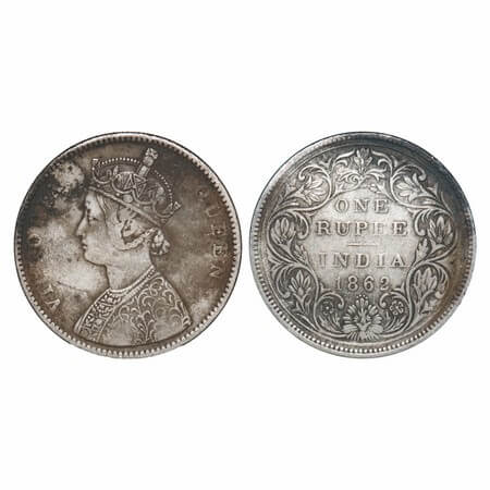 Victoria Queen, Silver, Rupee, 1862, Bombay Mint, A/II/2/4, Re used of earlier Rev dies w/