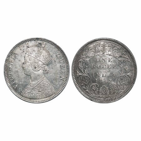 Victoria Queen, Silver, Rupee, 1862, Bombay Mint, A/I/0/5, A micro dot above the 4th dot. 