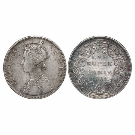 Victoria Queen, Silver, Rupee, 1862, Bombay Mint, A/II/0/10, w/o initial 'J'. F. Prid 93. 