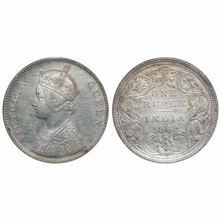 Victoria Queen, Silver, Rupee, 1862, Bombay Mint, A/II/0/10, w/o initial 'J'. F. Prid 93. 