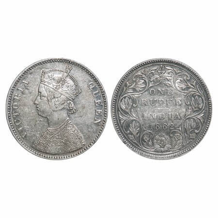 Victoria Queen, Silver, Rupee, 1862, Bombay Mint, A/II/0/10, w/o initial 'J'. F. Prid 93. 