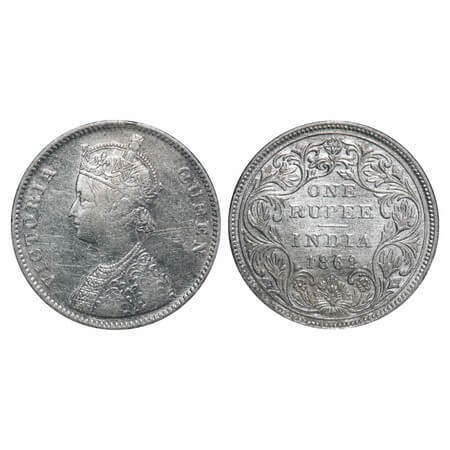 Victoria Queen, Silver, Rupee, 1862, Bombay Mint, A/II/0/11, w/o initial 'J', The 11th dot