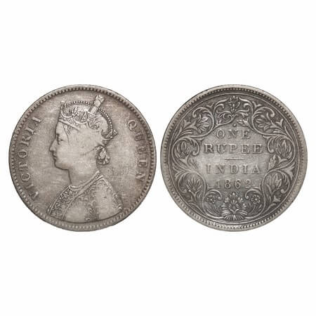 Victoria Queen, Silver, Rupee, 1862, Bombay Mint, A/II/1/10, w/o initial 'J', Dot above 'N