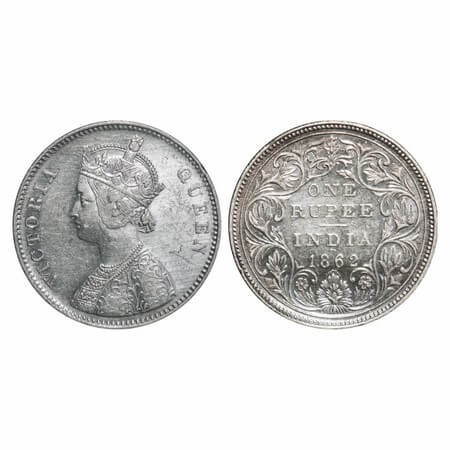 Victoria Queen, Silver, Rupee, 1862, Bombay Mint, A/II/0/12, w/o initial 'J'. F. Prid 100.