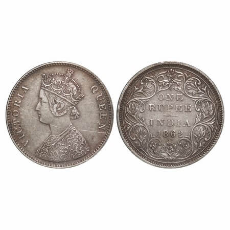 Victoria Queen, Silver, Rupee, 1862, Bombay Mint, A/II/1/2, w/o initial 'J'. F. Prid 103. 