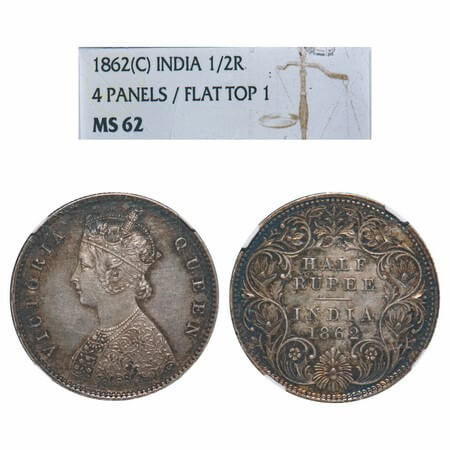 Victoria Queen, Silver, Half Rupee, 1862, Calcutta Mint, A/I, Round Pearls. F. Prid 255. G