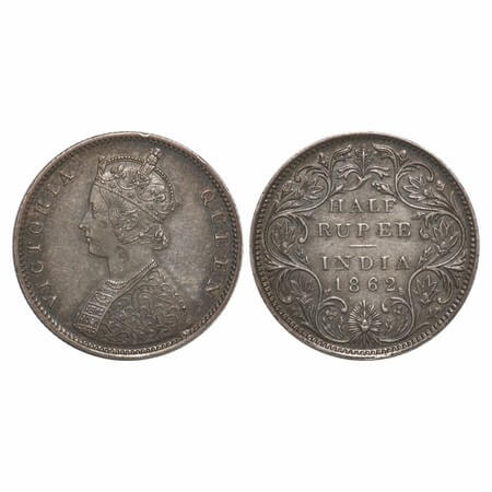 Victoria Queen, Silver, Half Rupee, 1862, Bombay Mint, B1/II, Round Pearls, With raised ve