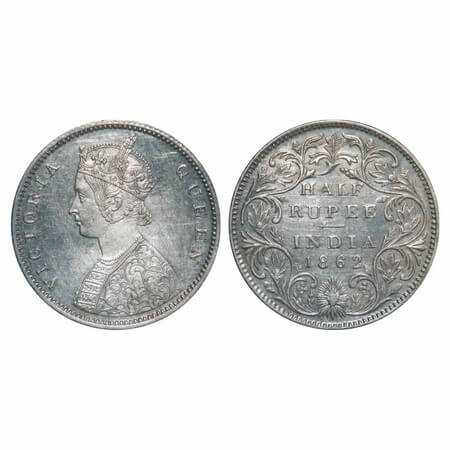 Victoria Queen, Silver, Half Rupee, 1862, Bombay Mint, B2/II, Round Pearls, With raised ve
