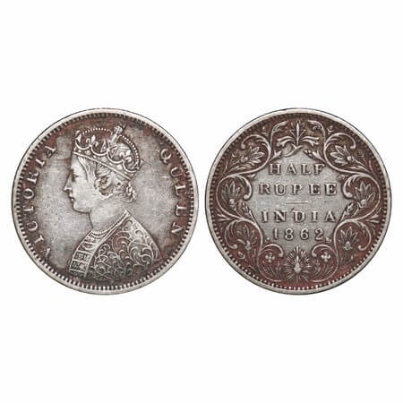 Victoria Queen, Silver, Half Rupee, 1862, Madras Mint, B2/II, Elongated Pearls, 5 petals f