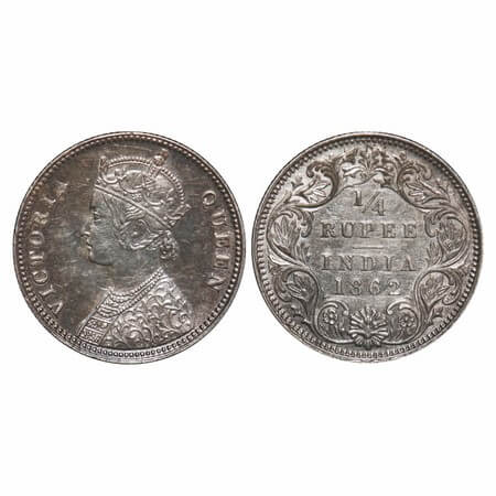 Victoria Queen, Silver, 1/4 Rupee, 1862, Calcutta Mint, A/I. F. Prid 376. GK 375. Almost U