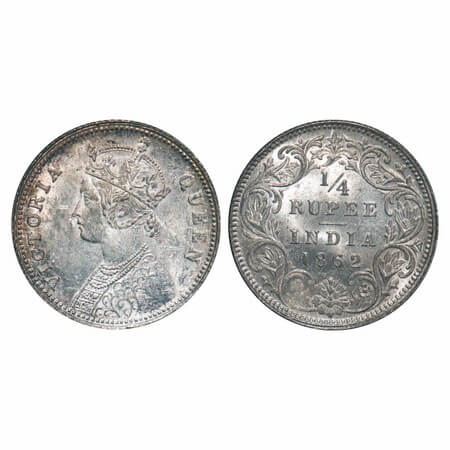 Victoria Queen, Silver, 1/4 Rupee, 1862, Calcutta Mint, A/I. F. Prid 376.GK 375. Uncircula