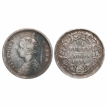 Victoria Queen, Silver, 1/4 Rupee, 1876, Bombay Mint, A/I, No dot. F. Prid 407. GK 668. Ex