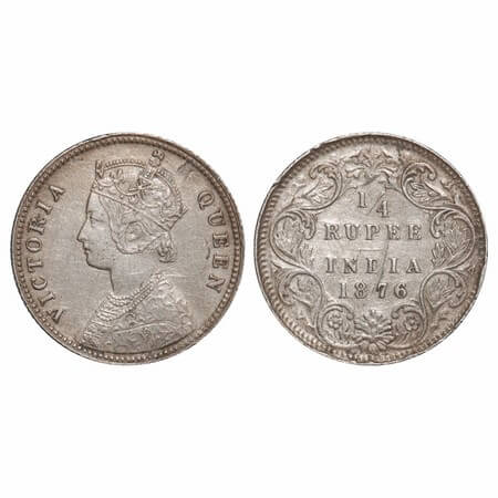 Victoria Queen, Silver, 1/4 Rupee, 1876, Calcutta Mint, A/I, No mint mark, No 'C'. F. Prid