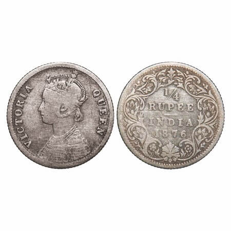 Victoria Queen, Silver, 1/4 Rupee, 1876, Calcutta Mint, A/I, No mint mark, No C. F. Prid 3