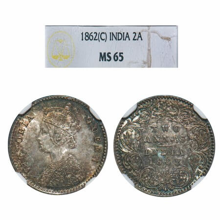 Victoria Queen, Silver, 2 Annas, 1862, Calcutta Mint, A/I, Bottom flower centre top petal 