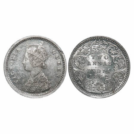 Victoria Queen, Silver, 2 Annas, 1862, Bombay Mint, A/I, Bottom flower centre top petal br