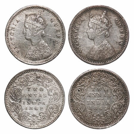 Victoria Queen, Silver, 2 Annas, (2 coins), 1862, Bombay Mint, A/I, Bottom flower centre t
