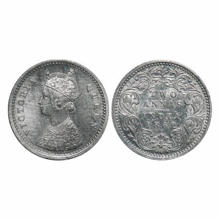 Victoria Queen, Silver, 2 Annas, 1862, Bombay Mint, A/I, Bottom flower centre top petal br