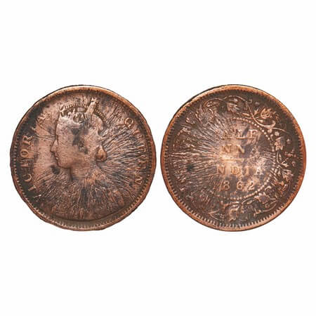 Victoria Queen, Copper, Half Anna, 1862, Error, Sunburst Error on Obv and Rev. Very Fine. 