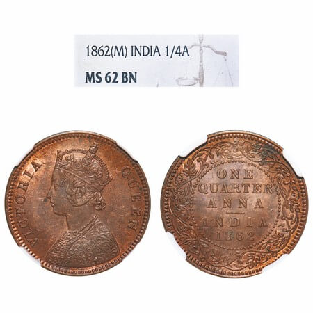 Victoria Queen, Copper, Quarter Anna, 1862, Madras Mint, A/I, No mint mark, No privy mark.