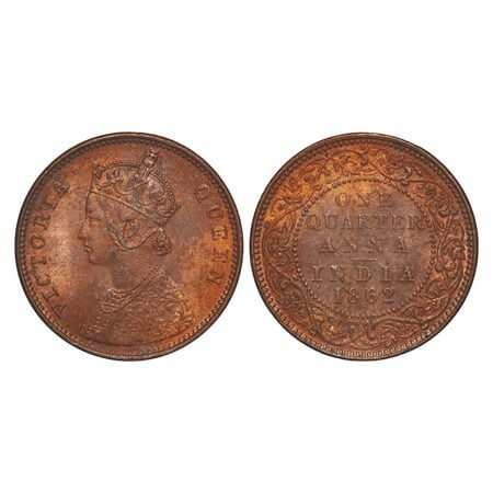 Victoria Queen, Copper, Quarter Anna, 1862, Madras Mint, A/I, No mint mark, No privy mark.