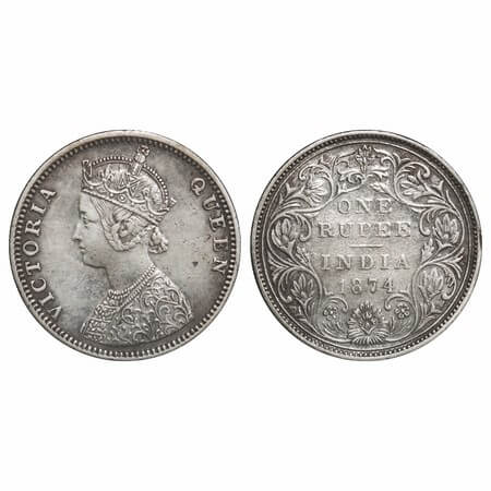Victoria Queen, Silver, Rupee, 1874, Bombay Mint, C1/II, No dot, Normal numeral 4. F. Prid