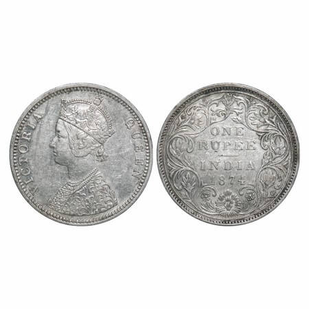 Victoria Queen, Silver, Rupee, 1874, Bombay Mint, C1/II, No dot, Broken numeral 4. F. Prid