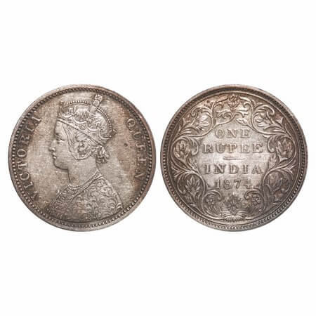 Victoria Queen, Silver, Rupee, 1874, Bombay Mint, A2/II, No dot, broken numeral 4. F. Prid