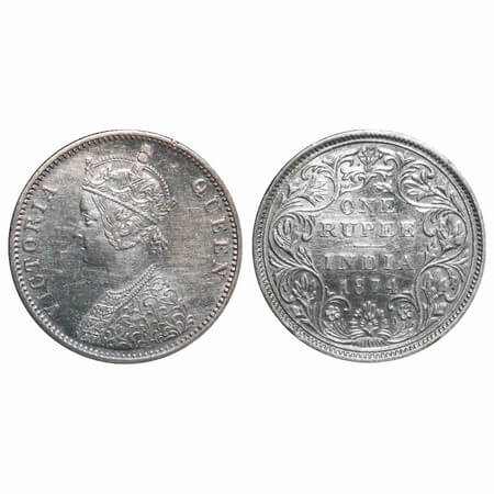 Victoria Queen, Silver, Rupee, 1874, Bombay Mint, A2/II, No dot, Flat shoulder. F. Prid Un