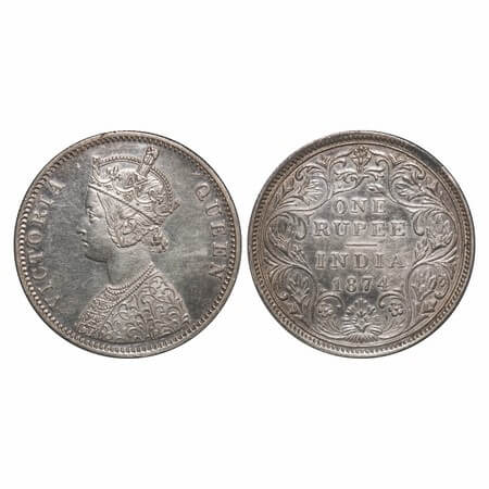Victoria Queen, Silver, Rupee, 1874, Bombay Mint, A2/II, No dot, Flat shoulder. F. Prid Un