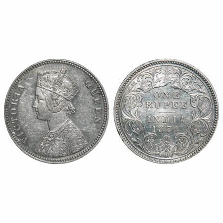 Victoria Queen, Silver, Rupee, 1874, Calcutta Mint, A1/I, No mint mark. F. Prid 112. GK 41