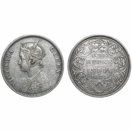 Victoria Queen, Silver, Rupee, 1875, Bombay Mint, A2/II, No dot, Top stroke of numeral 5 l