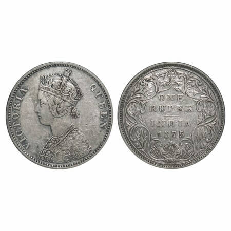 Victoria Queen, Silver, Rupee, 1875, Bombay Mint, A2/II, Dot, (large dot), Top stroke of n
